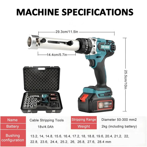 Premium Cordless Electric Wire Stripper Machine With Dual Four Ah Batteries And Twenty Bushings with detailed specifications.