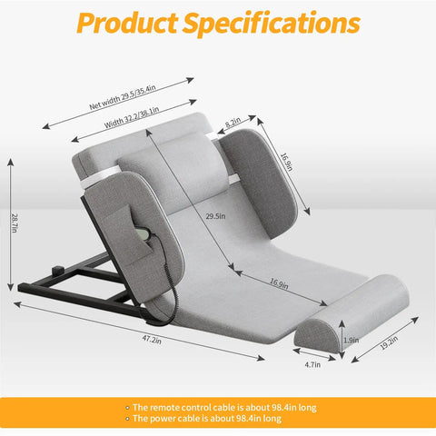 Product specifications of Super Comfortable Electric Backrest With Remote Lift For Bed Care with dimensions and design details.