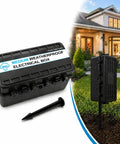 Built Different Heavy Duty IP65 Waterproof Outlet Box With Six Entry Ports For Power Strips And Extension Cables shown outdoors.