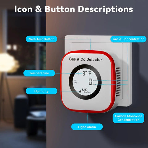 Five In One CO And Gas Leak Detector With Plug In And Battery Backup Temperature Humidity Sensor Display and Buttons