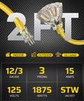 Heavy Duty 24 Inch 12 Gauge Indoor Tri Tap Extension Cord Pack Of 3 With LED Lighted Plug Yellow SJTW Contractor Grade Power Cable 15 Amp 125V ETL Listed.