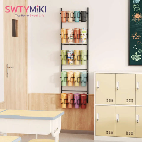 5 Tier Water Bottle Organizer Over The Door Cup Holder For Bulky Stanley Tumblers And Large Jugs, Wall Mounted, Black