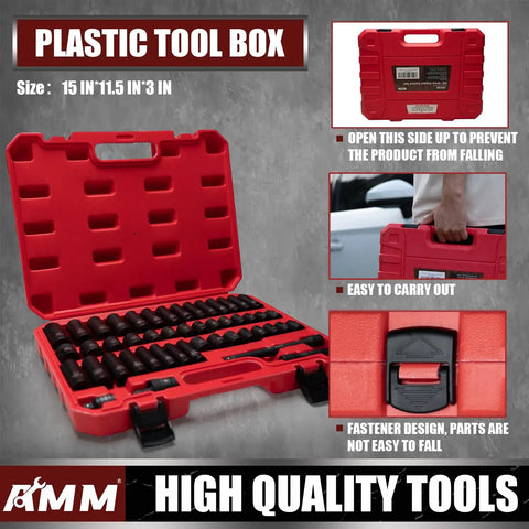 Red plastic tool box with impact socket set inside, featuring secure latches and portable handle, size 15 x 11.5 x 3 inches.