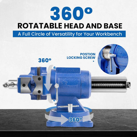 Heavy Duty Bench Vise With 360 Degree Swivel Base And Anvil, 4 Inch Jaw, 5,500 Lbf Clamp, shown with rotating features
