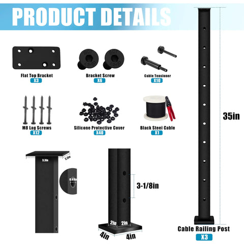 36 Inch Cable Railing Post Kit Surface Mount Black Heavy Duty Post Set With Pre Drilled Holes For Easy Install Invisible Cable Railing System Includes One Eighth Inch Stainless Steel Cable Three Pack Posts With Cable Grommets No Handrail, shown with components like screws and cable.