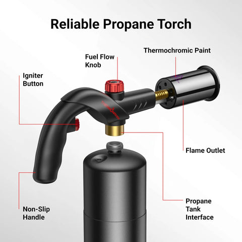 Powerful Propane Kitchen Torch For Searing Steak, Grilling And BBQ, adjustable flame with igniter button and fuel flow knob