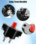 Beefy 50 Amp Push Button Circuit Breaker With Built In Thermal Protection For Marine Electrical Systems Rugged Marine Grade Component Ideal For Boats And Yachts Inboard And Outboard Applications black push-button breaker with red reset cap and metal terminals