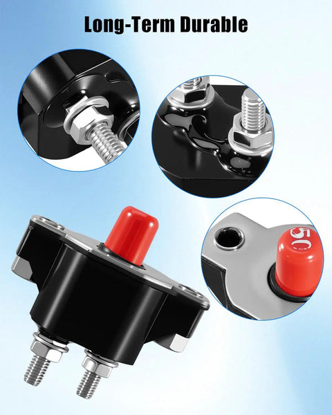 Beefy 50 Amp Push Button Circuit Breaker With Built In Thermal Protection For Marine Electrical Systems Rugged Marine Grade Component Ideal For Boats And Yachts Inboard And Outboard Applications black push-button breaker with red reset cap and metal terminals