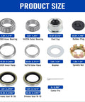 Four Sets 7000 Lb Boat Trailer Axle Bearing Kit With 25580 14125A Bearings, Double Lip Grease Seals, Product Size Chart Display.
