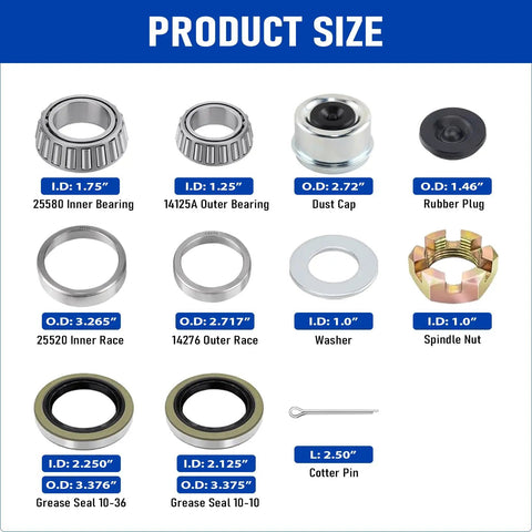 Four Sets 7000 Lb Boat Trailer Axle Bearing Kit With 25580 14125A Bearings, Double Lip Grease Seals, Product Size Chart Display.