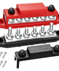 Heavy Duty 250A Bus Bar 12V Marine And Car Power Distribution Block with red and black units featuring six copper terminals.