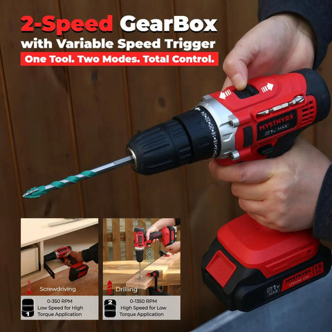 Powerhouse 21V Max Cordless Drill Driver Kit being used for drilling with 2-speed trigger and 3/8 inch keyless chuck