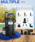 Heavy Duty 1HP Automatic Pool Cover Pump Delivers 3500 GPH with multiple hose adapters shown on a wooden surface.