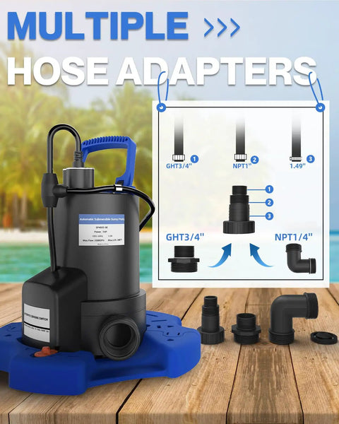 Heavy Duty 1HP Automatic Pool Cover Pump Delivers 3500 GPH with multiple hose adapters shown on a wooden surface.
