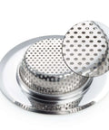 Two Pack Stainless Steel Kitchen Sink Strainer Set With Large Wide Rim Four Point Five Inch Diameter Micro Perforated Two Millimeter Holes