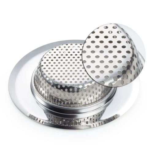 Two Pack Stainless Steel Kitchen Sink Strainer Set With Large Wide Rim Four Point Five Inch Diameter Micro Perforated Two Millimeter Holes