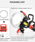Pro Grade Concrete Cutter Saw With A Razor Sharp Diamond Ring Blade And Brushless Motor showing ring blade and water pump systems.