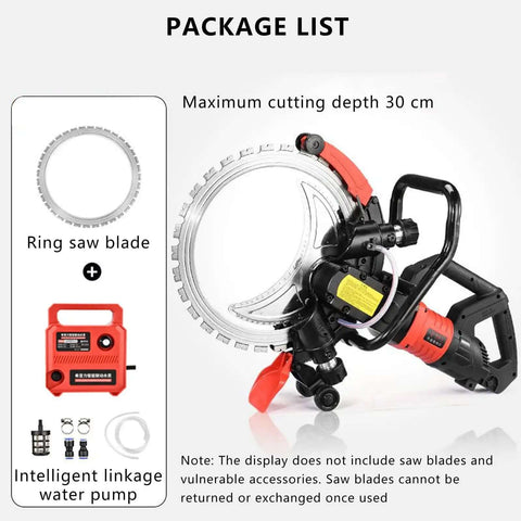 Pro Grade Concrete Cutter Saw With A Razor Sharp Diamond Ring Blade And Brushless Motor showing ring blade and water pump systems.