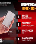 Hand holding a welding practice kit with 2x4x1/8 inch stainless steel coupon, labeled universal dimensions and features.