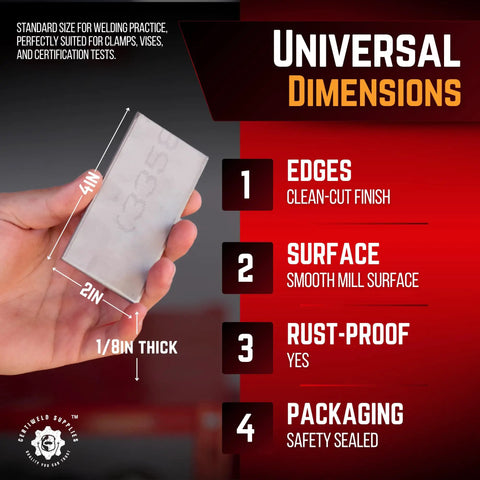 Hand holding a welding practice kit with 2x4x1/8 inch stainless steel coupon, labeled universal dimensions and features.