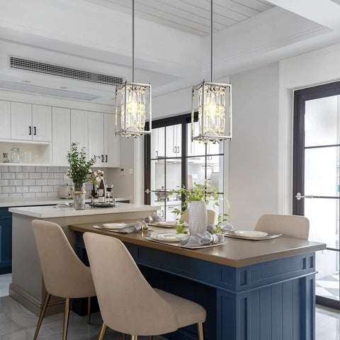 Totally Modern Raindrop Crystal Pendant Light For Kitchen Island With K9 Crystals And Chrome Frame Adjustable Height Fixture