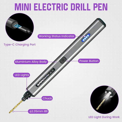 Pocket Sized Dope Mini Electric Drill Pen Kit 13 In 1 With Aluminum Case shown with features labeled, including LED lights and Type-C charging port.