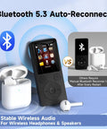 64GB MP3 Player With Bluetooth 5.3 And Built-In Speaker showing auto-reconnect feature with wireless earbuds and physical buttons.