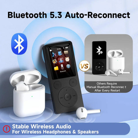 64GB MP3 Player With Bluetooth 5.3 And Built-In Speaker showing auto-reconnect feature with wireless earbuds and physical buttons.