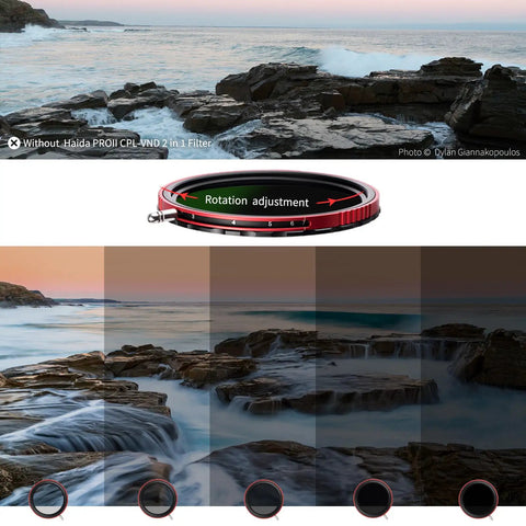 82mm Pro II Multi Coating Circular Polarizer And Variable Neutral Density Filter for DSLR and Mirrorless Cameras shown with adjustment images.