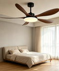 Chinese Antique Ceiling Fan with Light, 5-Blade Chandelier Fan in modern bedroom with light wood flooring.