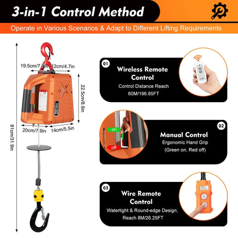 Heavy Duty 3-in-1 Electric Hoist Winch With Wireless Remote For Garage Lifting Heavy Loads Up To 660lbs Smooth Operation At Factory Work control methods showing remote options.