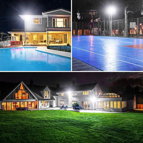 Three Pack 100W LED Flood Lights IP66 Waterproof Outdoor Security Lights 11500 Lumens 5000K Daylight White For Yard Garden Patio Playground Basketball Court All Weather Durable Aluminum Housing