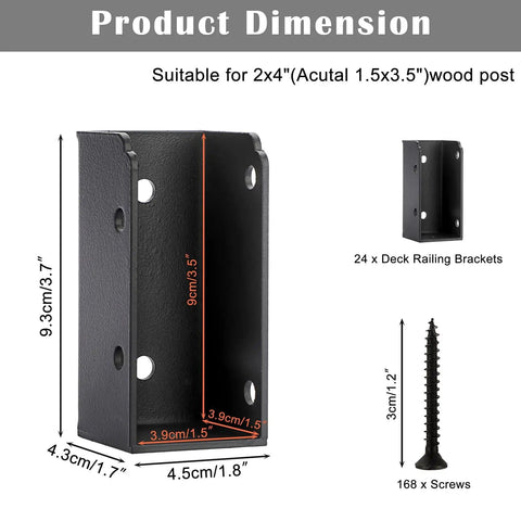 Deck Railing Bracket Connectors For 2x4 Wood Posts Stainless Steel 24 Pcs With Screws Black Fence Brackets Kit dimensions.