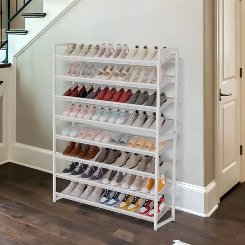Heavy Duty Metal Vertical Shoe Rack Stackable Eight Tier White Organizer To Store Up To Fifty Pairs Of Footwear At Entryways Or Closets While Saving Floor Space And Keeping Your Daily Kicks Looking Crisp And Fully Sorted All Season Long