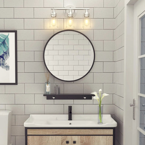 Modern 3-Light Vanity Fixture With Clear Ribbed Glass Shades In Nickel Finish for bathroom over mirror, installed in stylish setting