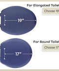 Comparison of navy 19-inch and 17-inch soft vinyl toilet seats for elongated and round fixtures.