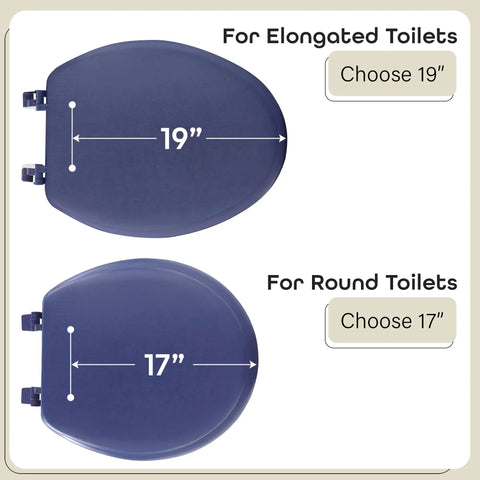 Comparison of navy 19-inch and 17-inch soft vinyl toilet seats for elongated and round fixtures.