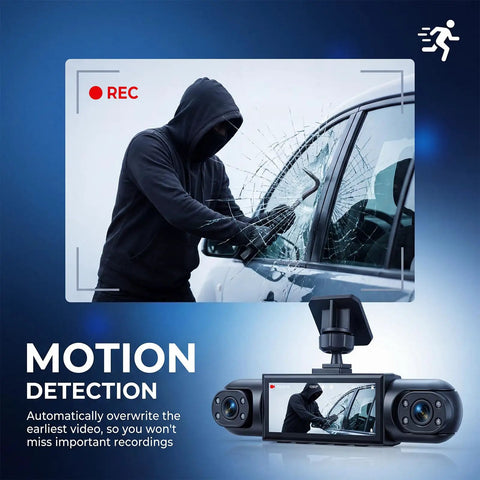 4 Channel 360 Degree Dash Cam motion detection capturing car window break-in scene 3.16 inch display night vision 24 7 recording