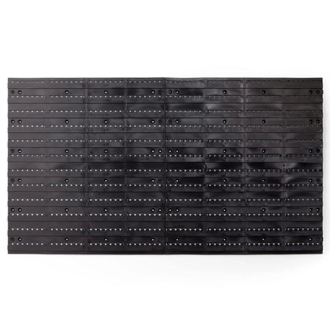 Black panels of 44 Piece Wall Mounted Pegboard Kit with Bins and Panel Set for Garage and Shop Storage Rack and Tool Organizer.