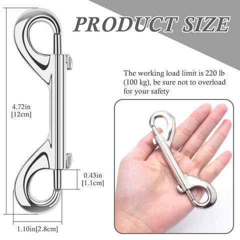 Silver zinc-alloy double-ended bolt snap hook, 4.72 inches long, 220 lb load capacity.