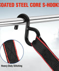 Coated steel core S-hooks attached to heavy duty ratchet strap, featuring heavy-duty stitching and secure fit.