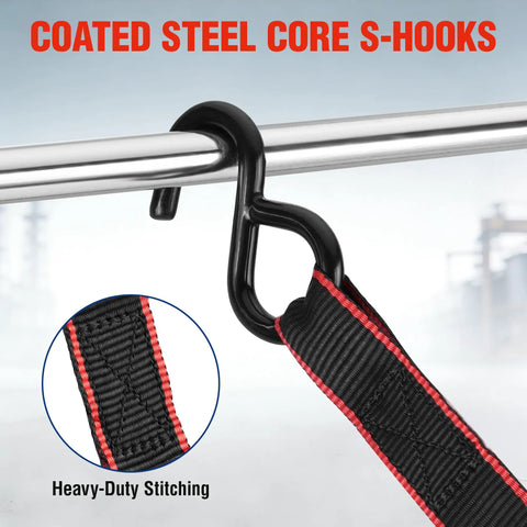 Coated steel core S-hooks attached to heavy duty ratchet strap, featuring heavy-duty stitching and secure fit.