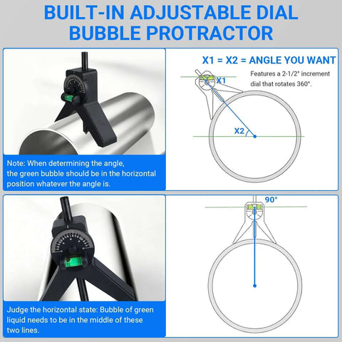 jhtii magnetic pipe center finder: front and side views of Y-shaped tool with adjustable dial and bubble protractor