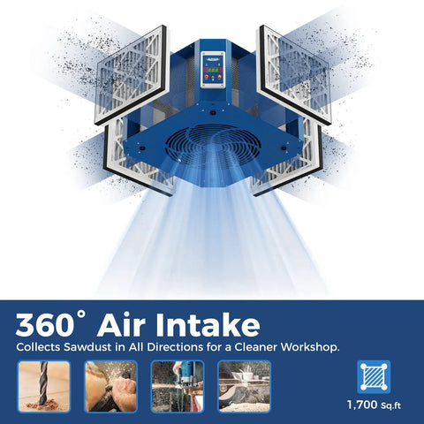 Rock Solid 360 Degree Intake Air Filtration System With 1350 CFM Vortex Fan Built Ionizer, blue housing with multiple filters.