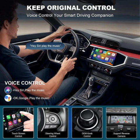 Driver using Audi Wireless CarPlay And Android Auto Retrofit Kit With Decoder Module For 3G MMI Systems 2008 To 2018 A4 A5 S4 S5 Q5 RS4 RS5 MirrorLink Navigation OEM Controls And Reverse Camera Plug And Play Upgrade in car interior.