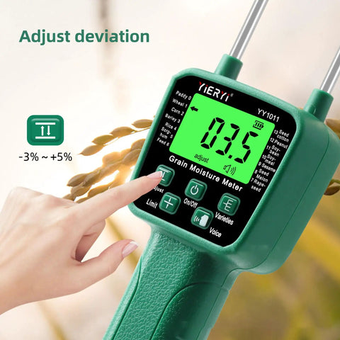 Portable Grain Moisture Meter With LCD Display And Dual Steel Probes, High Precision Hay Moisture Tester For Rice Wheat Corn And 14 Other Crops, Voice Broadcast Alerts, User Friendly And Ergonomic Anti Slip Handle, showing adjustment button
