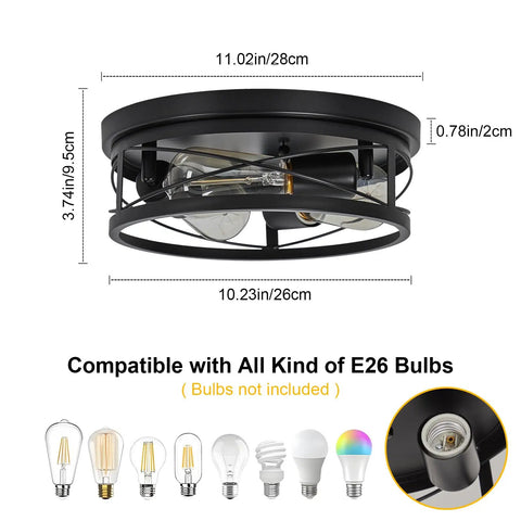 Farmhouse Black 3 Light Flush Mount Ceiling Fixture With Metal Cage Shade For Kitchen Bedroom Living Room Hallway Foyer Vintage Industrial E26 Base Retro Style Lighting With dimensions and bulb compatibility