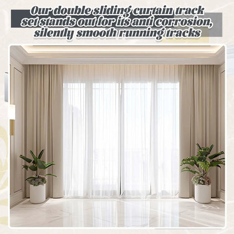 Beefy Heavy Duty Double Curtain Track Set With Ceiling Mount Aluminum Rail For Living Room, Adjustable 3 To 13 Feet, Room Divider Track System, Includes Curtain Slide, Pulleys, Hooks, Clips, Screws And End Caps installed in living room with sheer curtains