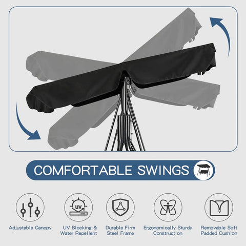 Heavy Duty 3 Seat Patio Swing With Removable Cushions, Adjustable Canopy And Smooth Glider Motion For Garden, Poolside Or Backyard, Built To Last Steel Frame Keeps Up To 450 Pounds, Black, showing adjustable canopy.