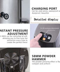 No Sweat Automatic Electric Coffee Tamper With Self Cleaning Stand, 58MM Adjustable Portafilter Press, 22 To 66 Lbs Digital Pressure Control, Smooth Operation Barista Station For Home Brews, showing detailed display with charging port and pressure adjustment.
